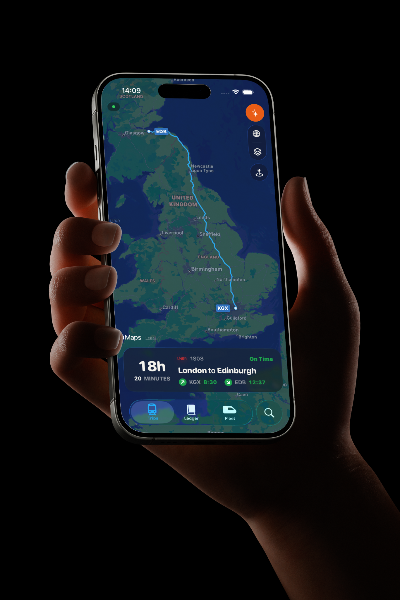 Trackside journey screen showing the route from London to Edinburgh